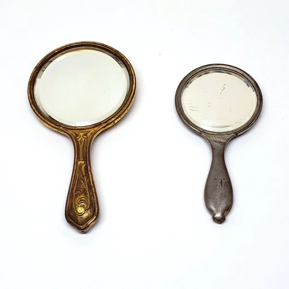 Art Noveau Vanity Mirror Lot Chatelaine Hand Beveled Antique Daisy Flower